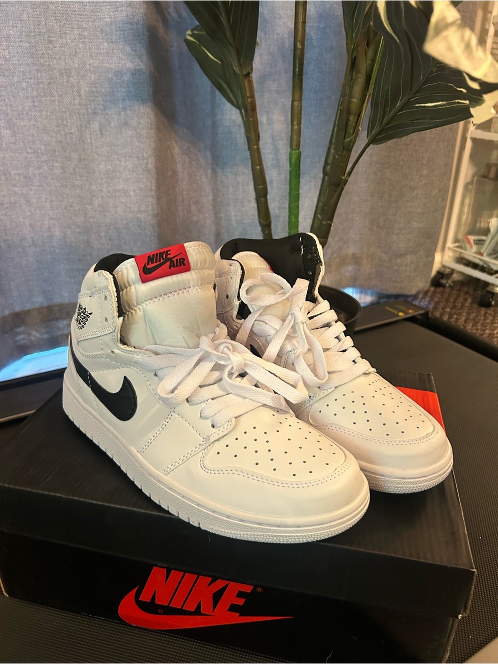 Nike Air High-Top Sneakers in White, Black and Red